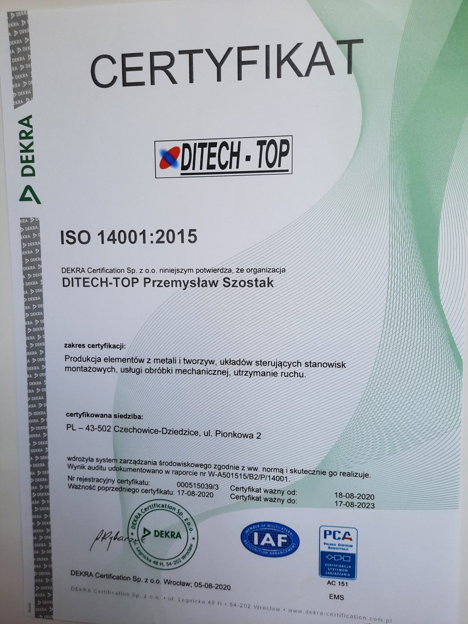 Certyfikat ISO 14001 - Ditech